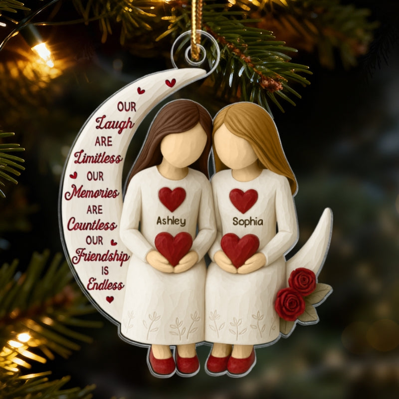 3D Effect Roses Besties On Moon - Personalized Wooden Ornament - Christmas Gift For Best Friends