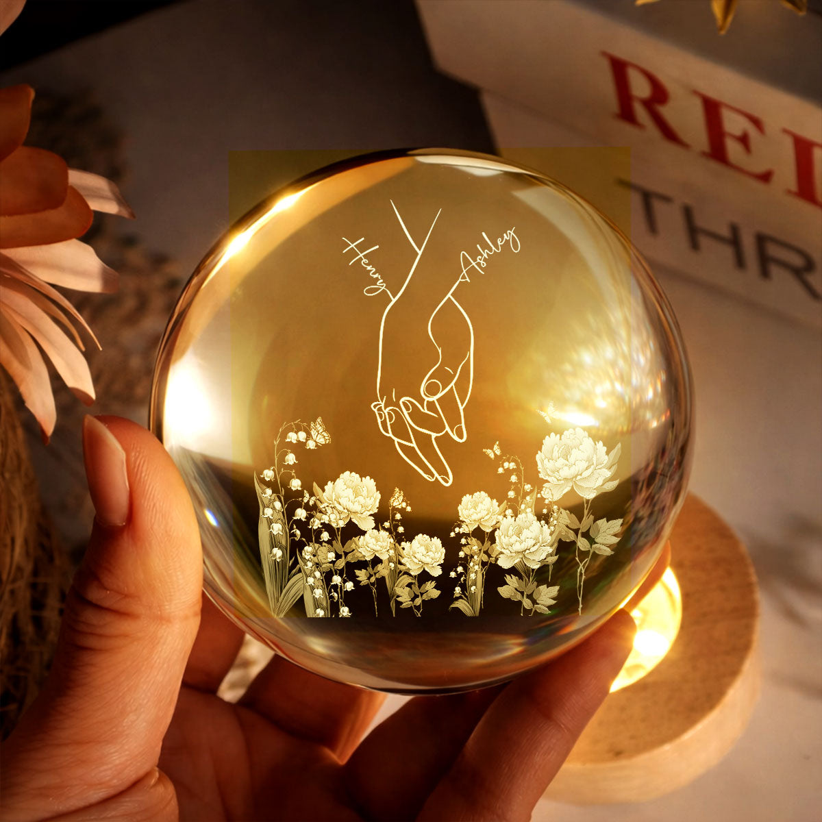 I Love You Couple Hand Print Birth Flower - Personalized Crystal Ball LED Night Light - Sentimental Gift for him, for her
