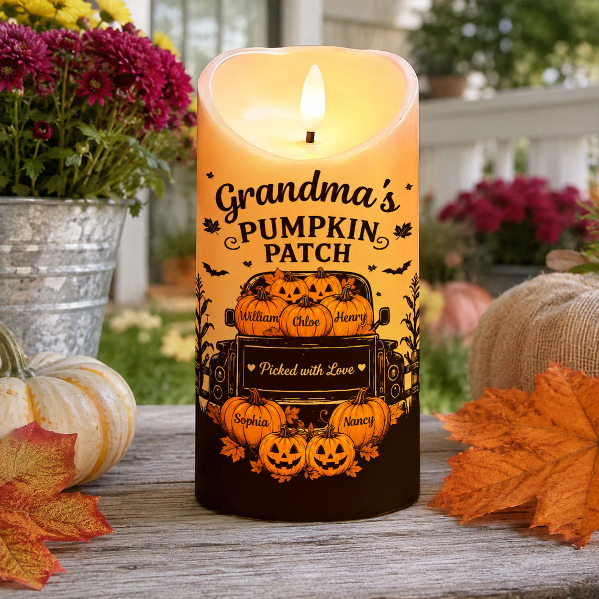 Grandma's Pumpkin Patch Jack-o'-lantern Pumpkins Truck - Personalized LED Candle - Perfect Halloween Decor For Grandma