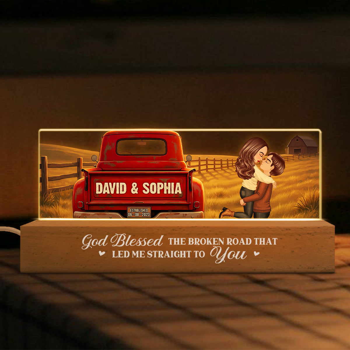 Rustic Nostalgia Red Truck Couple Hugging Kissing Farmhouse Decor - Personalized Acrylic Block LED Night Light - Heartfelt Valentine, Anniversary Gift For Him, For Her
