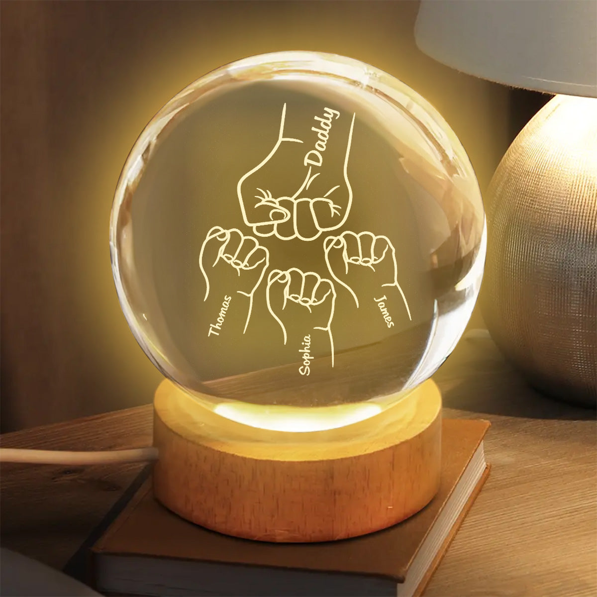Dad Grandpa Fist Bump Custom Kids Names - Personalized Crystal Ball LED Night Light - Gift For Dad, Grandpa