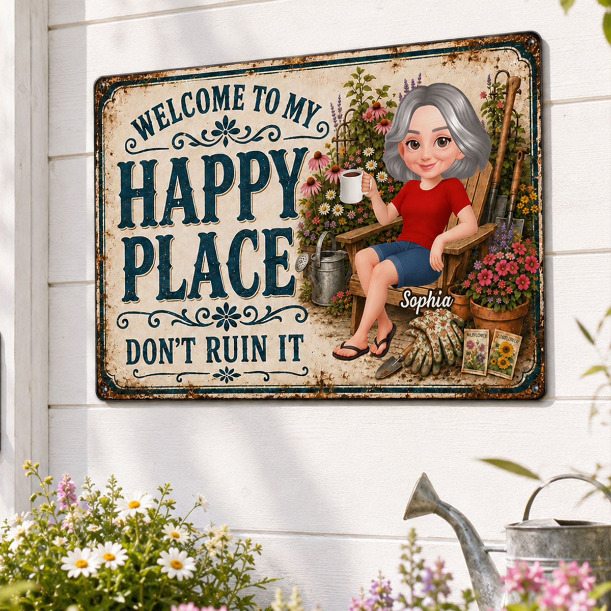 Welcome To My Happy Place Don't Ruin It Garden - Personalized Metal Sign - Gift For Grandma, Mom, Gardeners