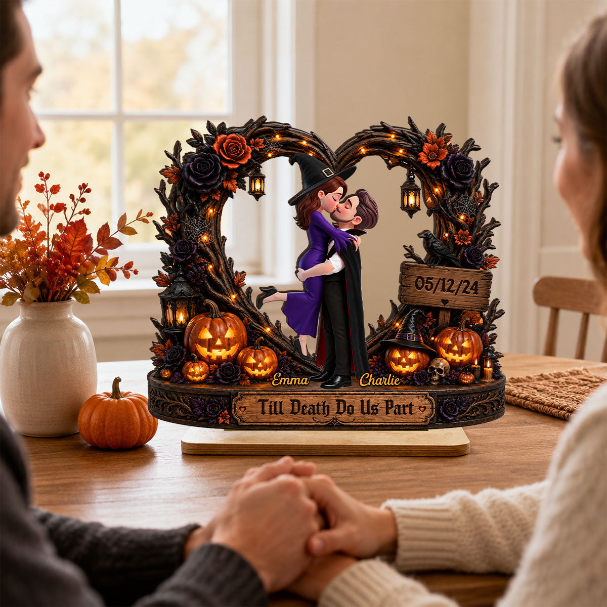 Spooky Couple Heart Till Death Do Us Part - Personalized 2-Layered Wooden Plaque - Halloween Decor Gift, Gift For Couple