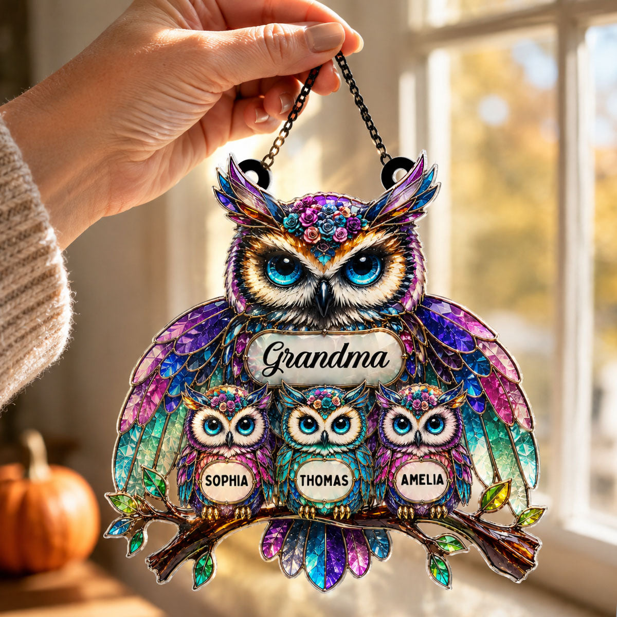 Grandma Owl - Personalized Window Hanging Decor - Halloween Decor for Grandma