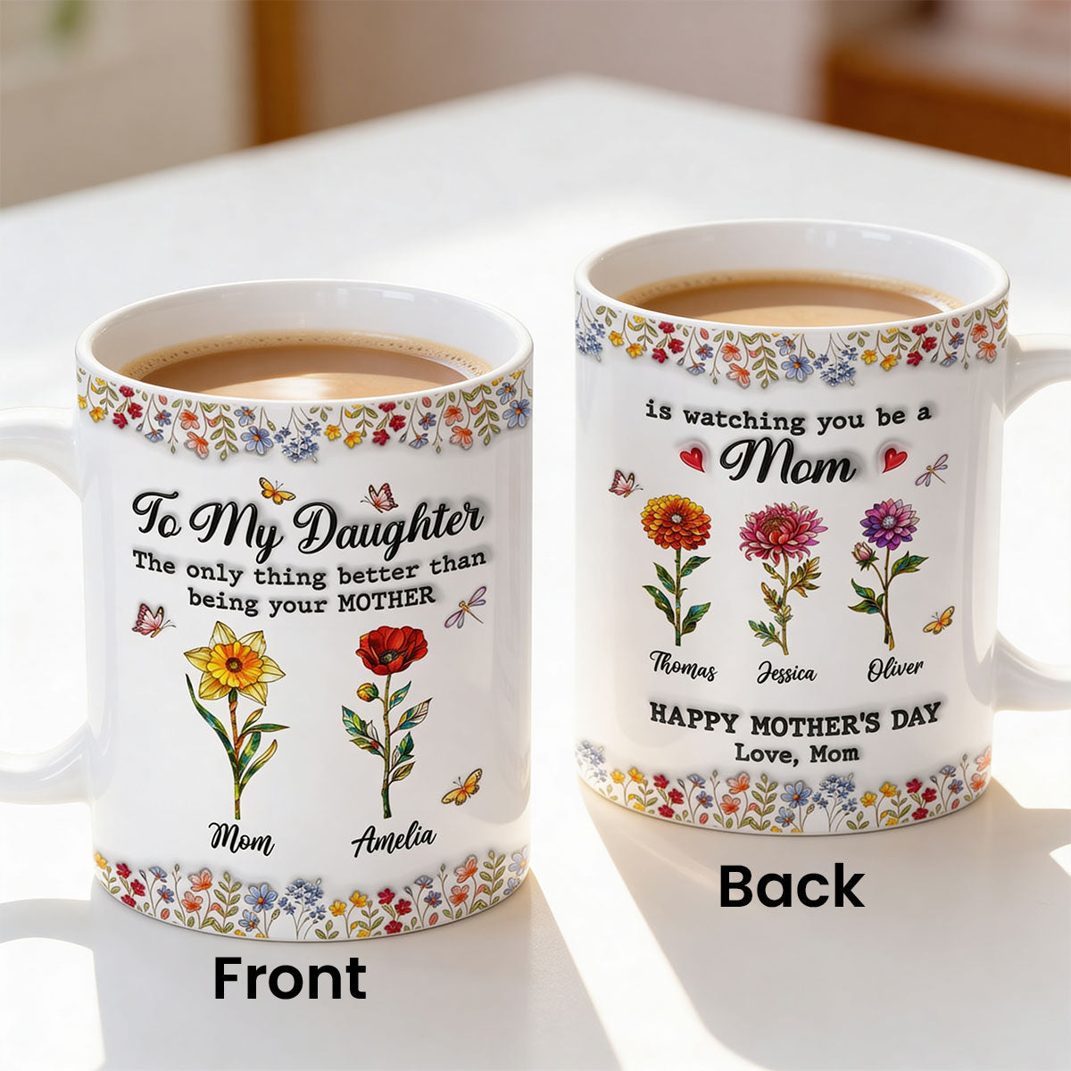 To My Daughter Mom And Daughter Custom Birth Month Flowers Kids Names - Personalized Mug - Mother's Day Gift For Daughter