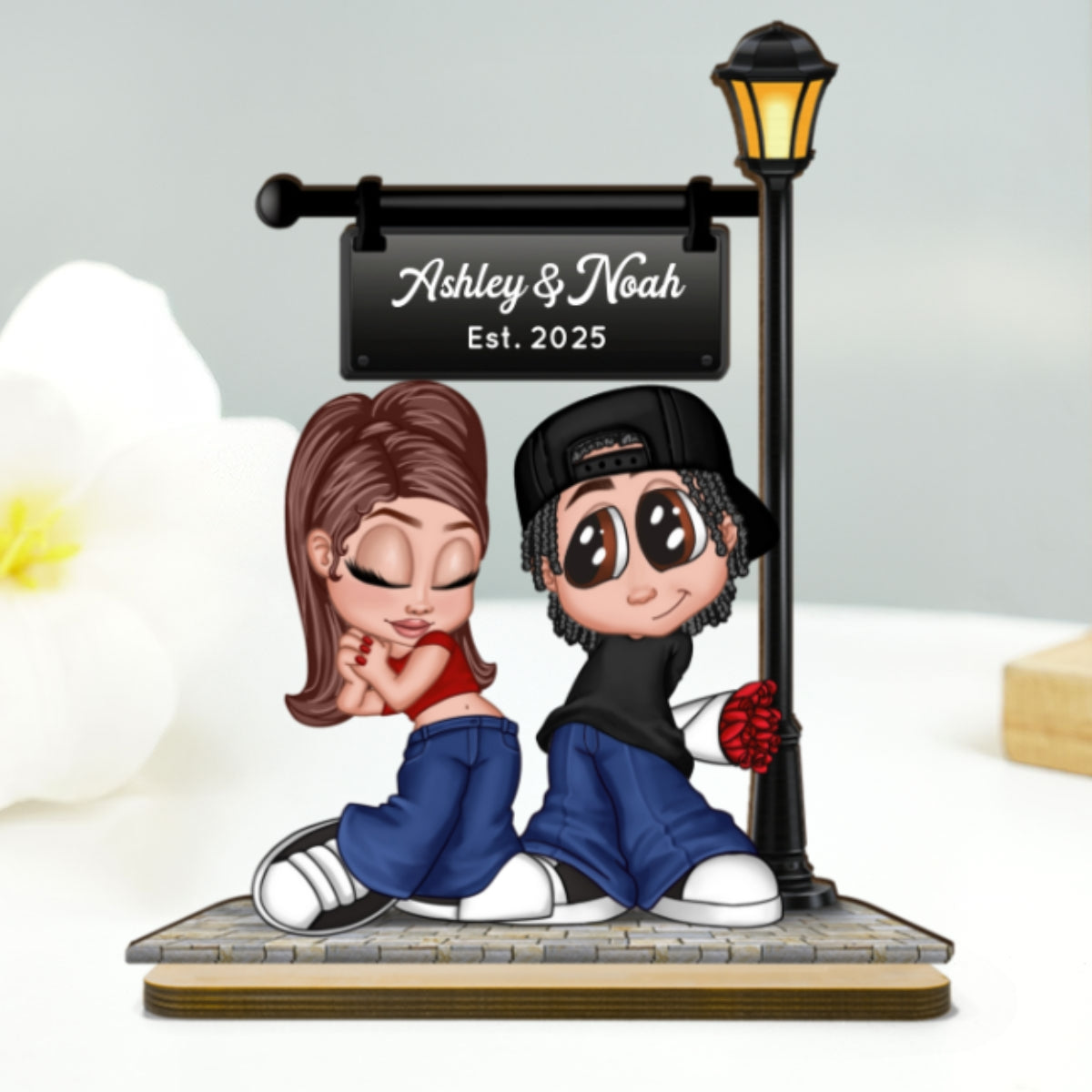 Eternal Love Y2K Couple Under Street Lamp Post - Personalized 2-Layer Wooden Plaque - Gift For Couple, Gift For Him, For Her