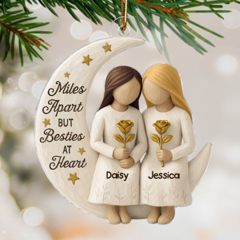 3D Effect Wooden Texture Stars Besties On Moon - Personalized Acrylic Ornament - Christmas Gift For Best Friends