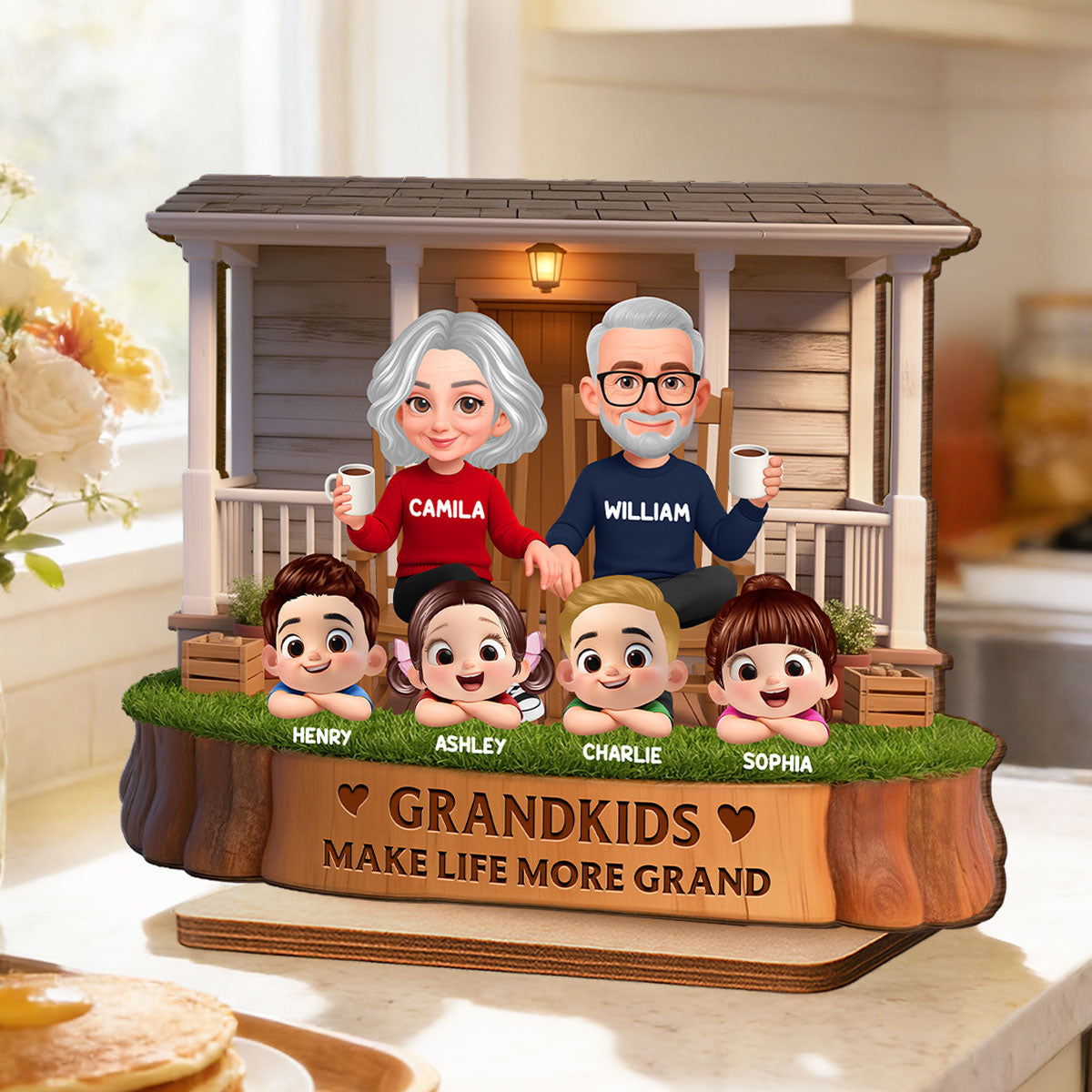 Grandkids Make Life Grand Grandparents On The Front Porch - Personalized 2-Layered Wooden Plaque - Gift for Grandma, Grandpa