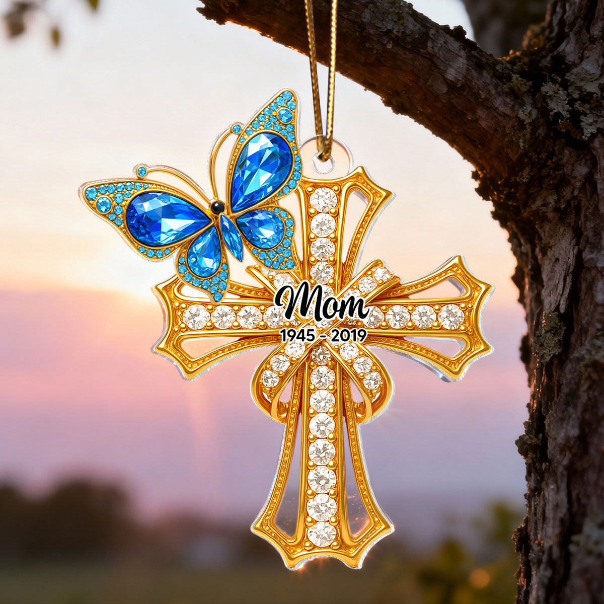 Memorial Blue Monarch Butterfly On Cross - Personalized Acrylic Ornament - Christmas Gift for Loss Of Loved Ones