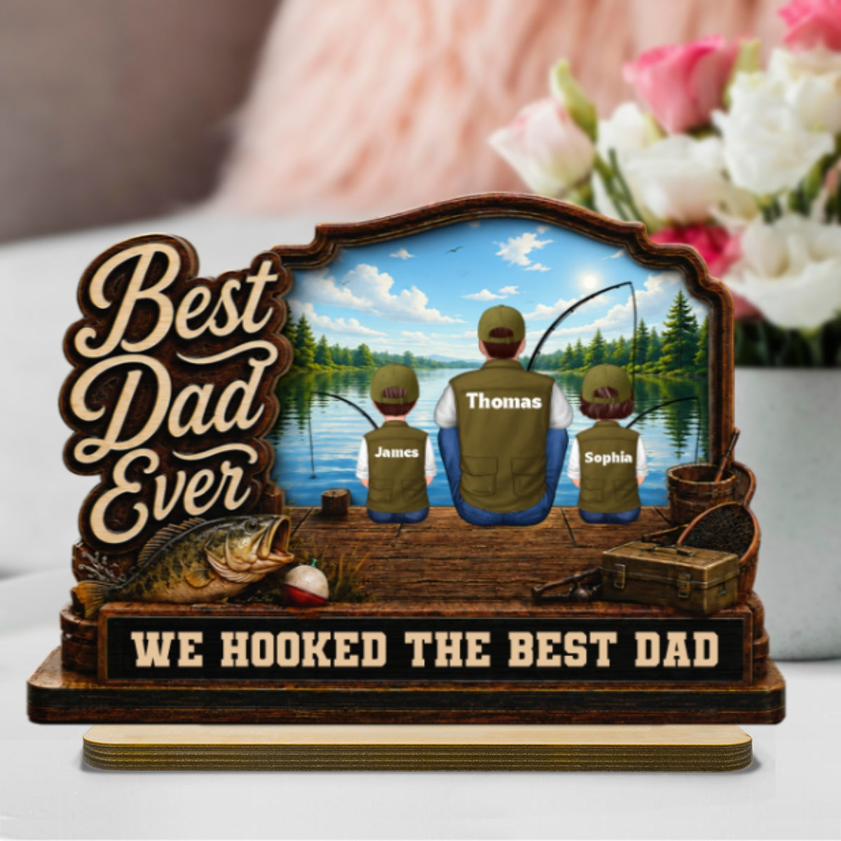 We Hooked The Best Dad Papa Fishing Man & Kids Back View 2D Flat - Personalized 2-Layered Wooden Plaque -  Gift For Hunting Dad, Grandpa