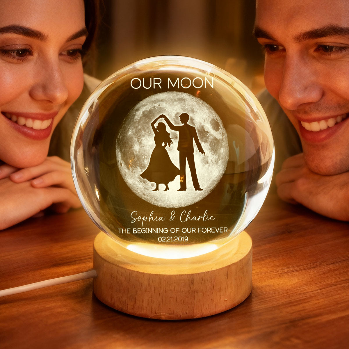 Couple Dancing in the Moonlight, Custom Moon Phase by Date - Personalized Crystal Ball LED Night Light, Sentimental Valentine's Day Gift for Her, for Him