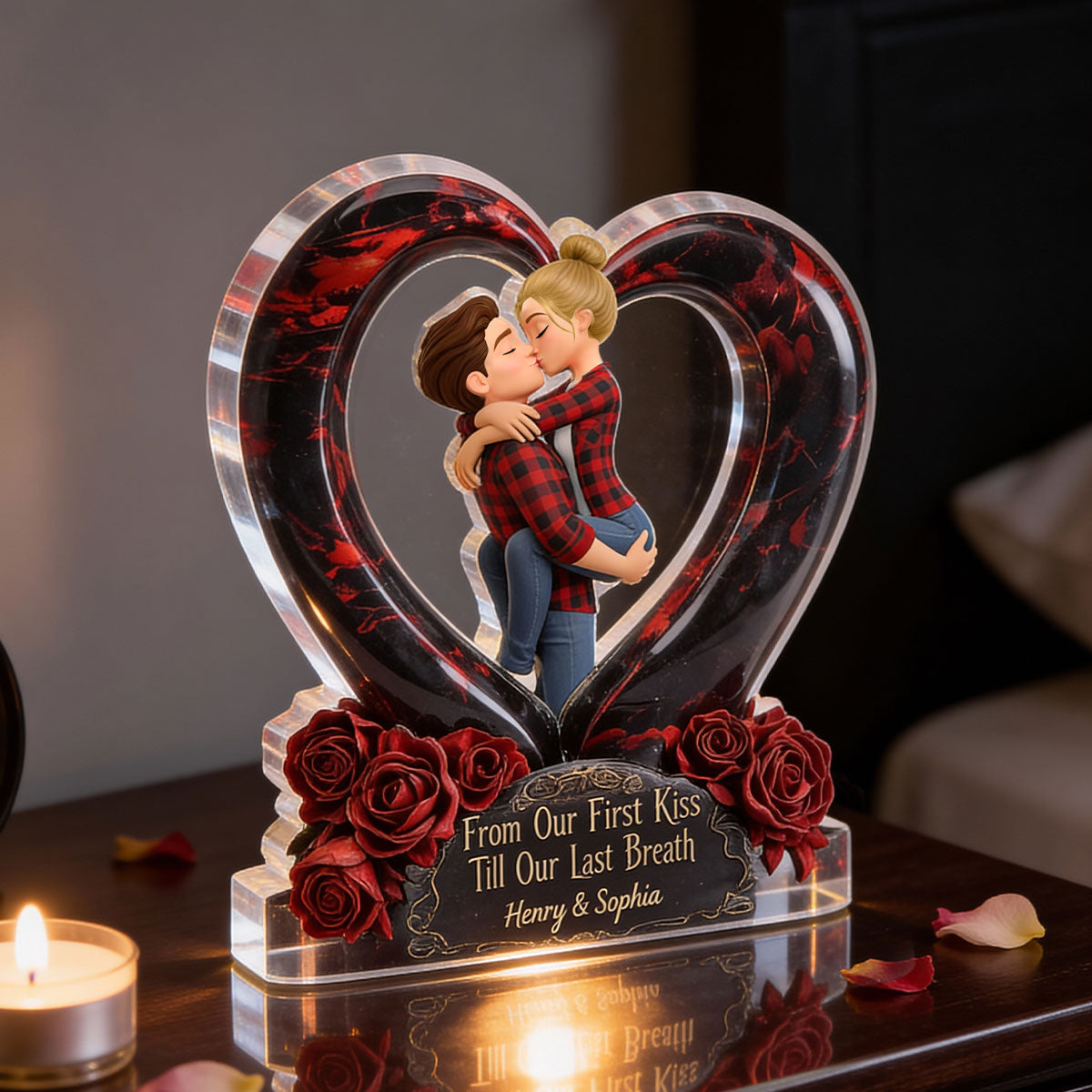 Couple Dark Romantic Heart Rose - Personalized Acrylic Block Plaque - Anniversary, Valentine's Day Gift, Gift For Him, Gift For Her