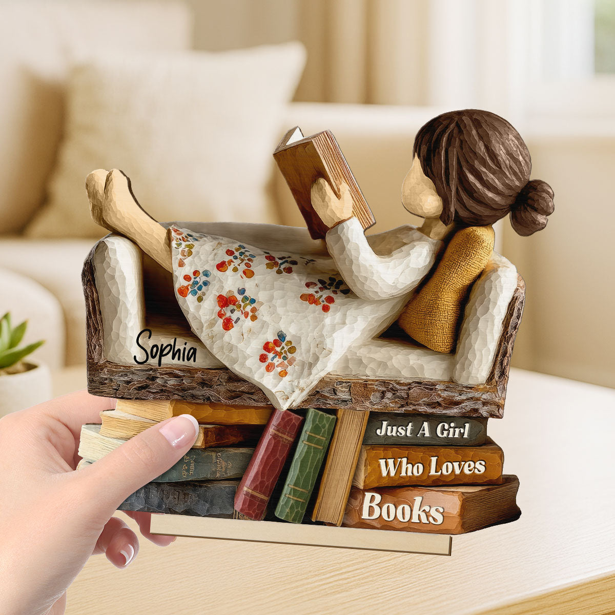 Man Woman Book Lover Reading Book On Sofa 3D Effect - Personalized Wooden Plaque