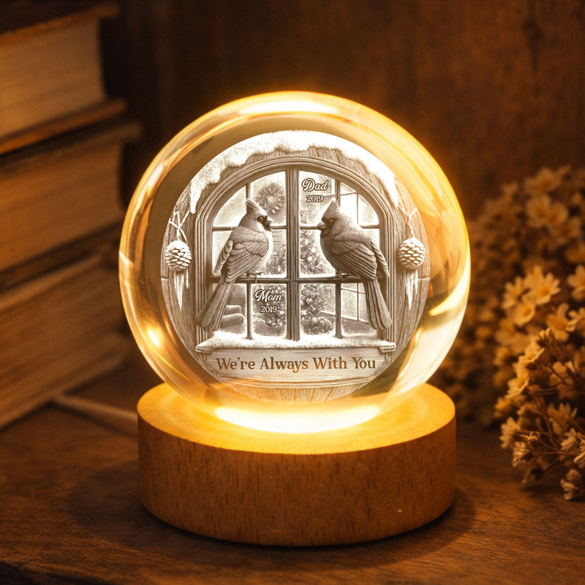 Memorial Cardinal Outside Window - Personalized Crystal Ball LED Night Light - Memorial Sympathy Gift