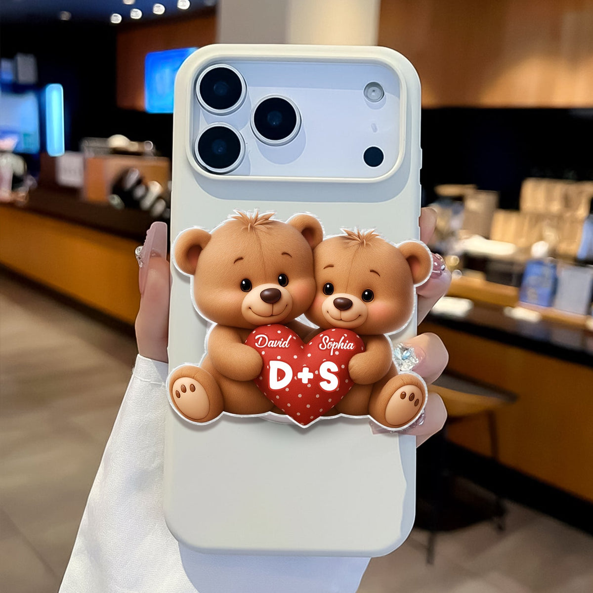 Bear Couple Holding Heart - Personalized Acrylic Magnetic Phone Grip - Gift for him, for her, Matching Phone Grips for Couple