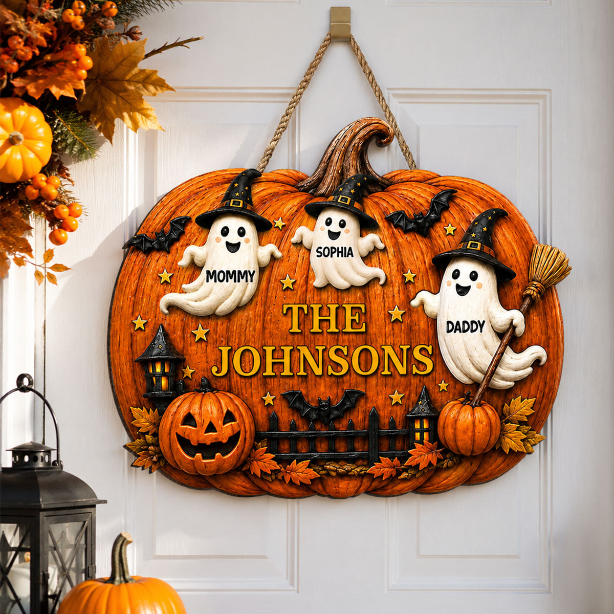 Halloween Family Ghost Pumpkin - Personalized Wood Sign - Halloween Decor Gift, Gift For Family