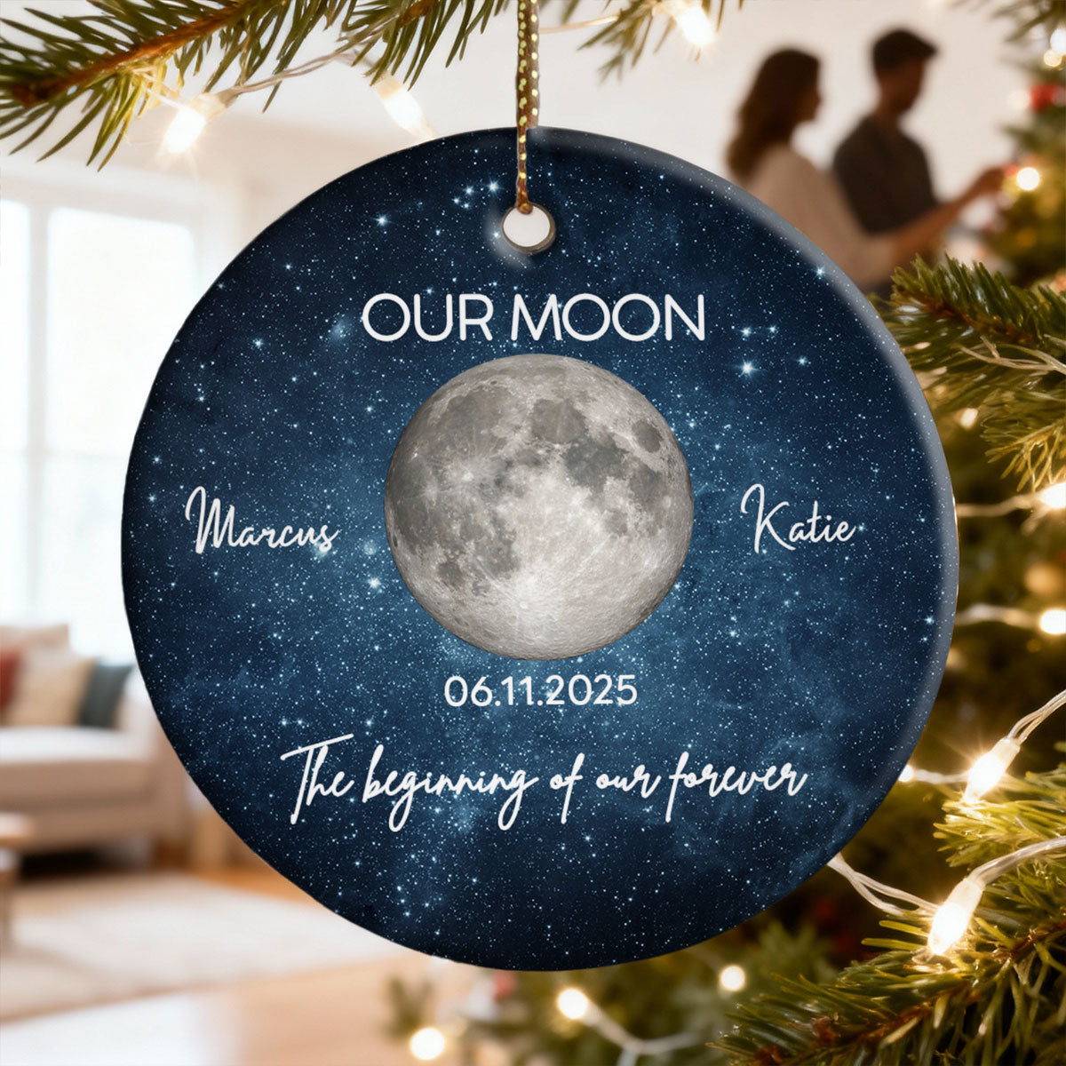 Moon Phase Couple The Beginning Of Our Forever - Personalized Ceramic Ornament - Gift For Couple