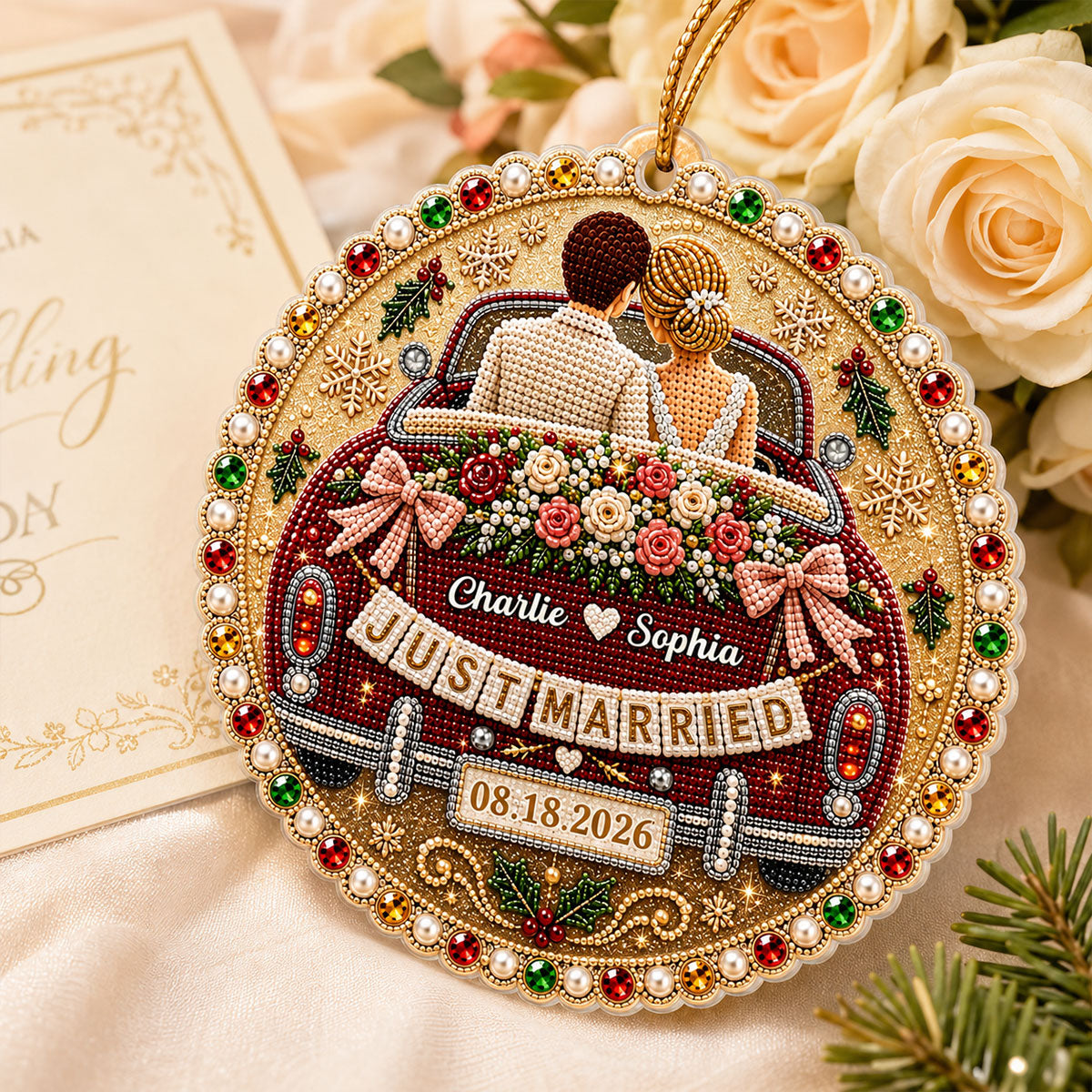Just Married Wedding Car - Personalized Acrylic Ornament - Christmas Gift For Couple