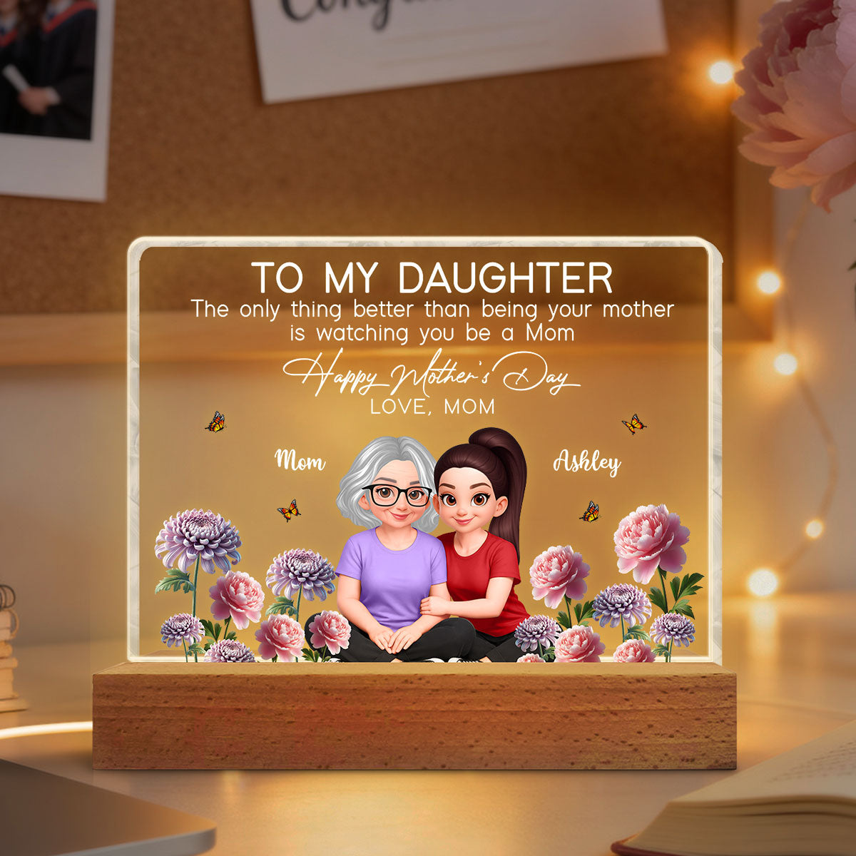 To My Daughter Happy Mother's Day Custom Birth Month Flower - Personalized Acrylic Block LED Plaque - Mother's Day Gift For Daughter