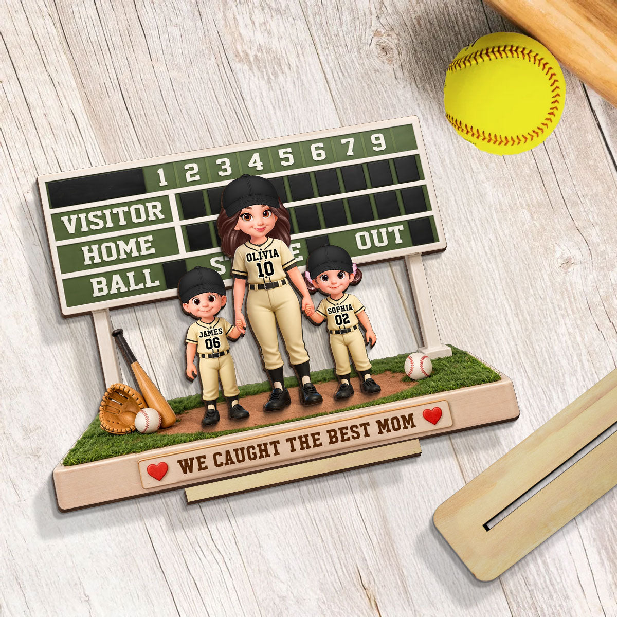 Baseball Mom Kids Scoreboard - Personalized 2-Layered Wooden Plaque - Mother's Day Gift, Gift For Mom