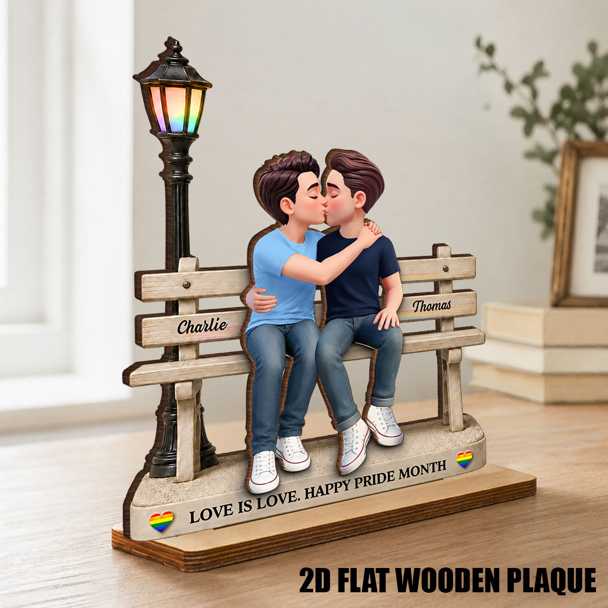 LGBT+ Couple Sitting On Bench - Personalized 2-Layered Wooden Plaque - Gift For Couple, Happy Pride Month