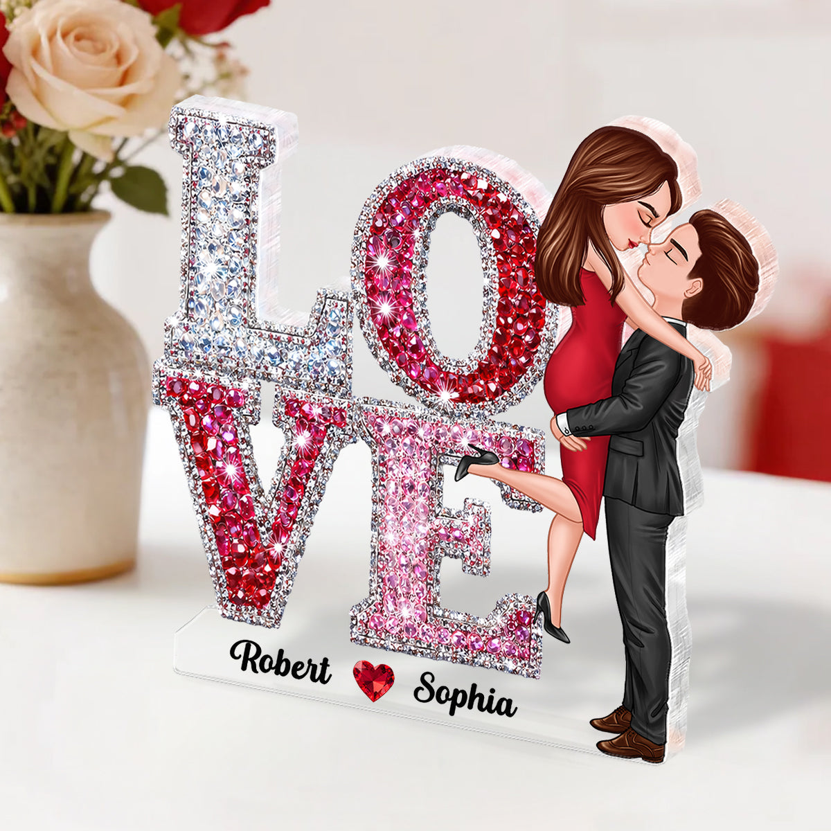 3D Effect Rhinestones Couple Love - Personalized Acrylic Block Plaque - Heartfelt Gift for Her, for Him