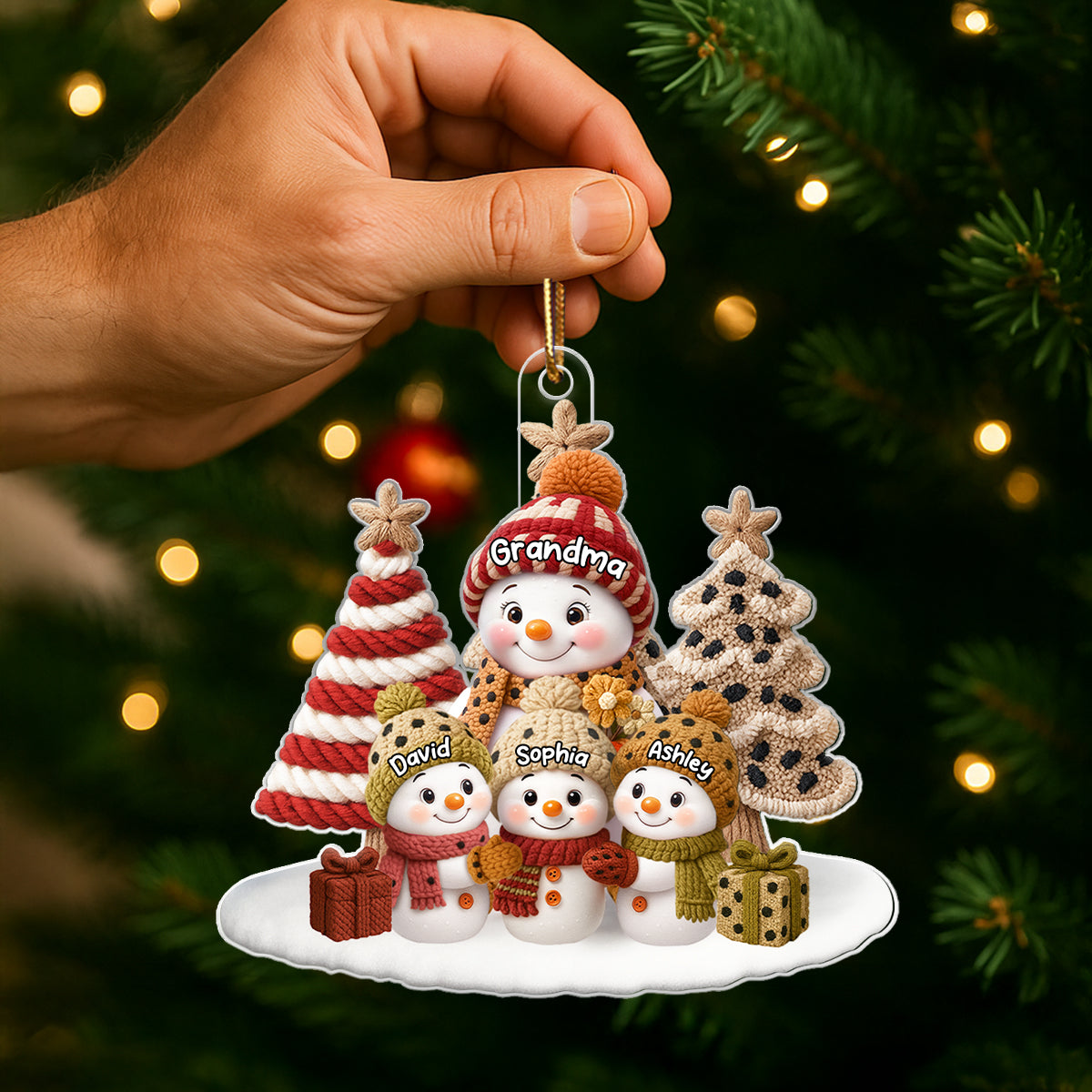 3D Embroidered Effect Snowman Grandma Grandkids - Personalized Acrylic Ornament - Christmas Gift for Grandma