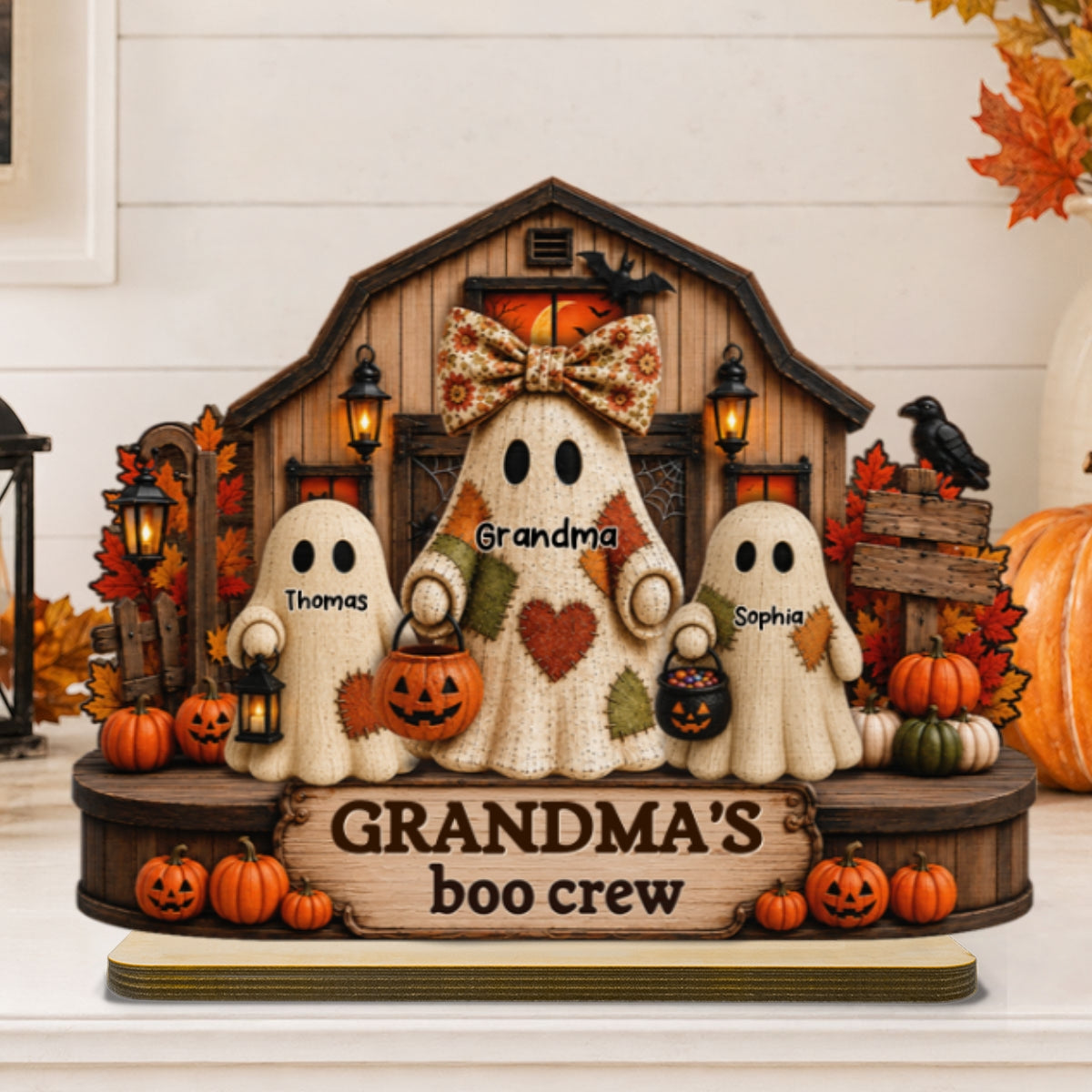 Fall Season Halloween Rustic Patchwork Style Grandma's Boo Crew - Personalized 2-Layered Wooden Plaque - Fall Halloween Decor For Grandma