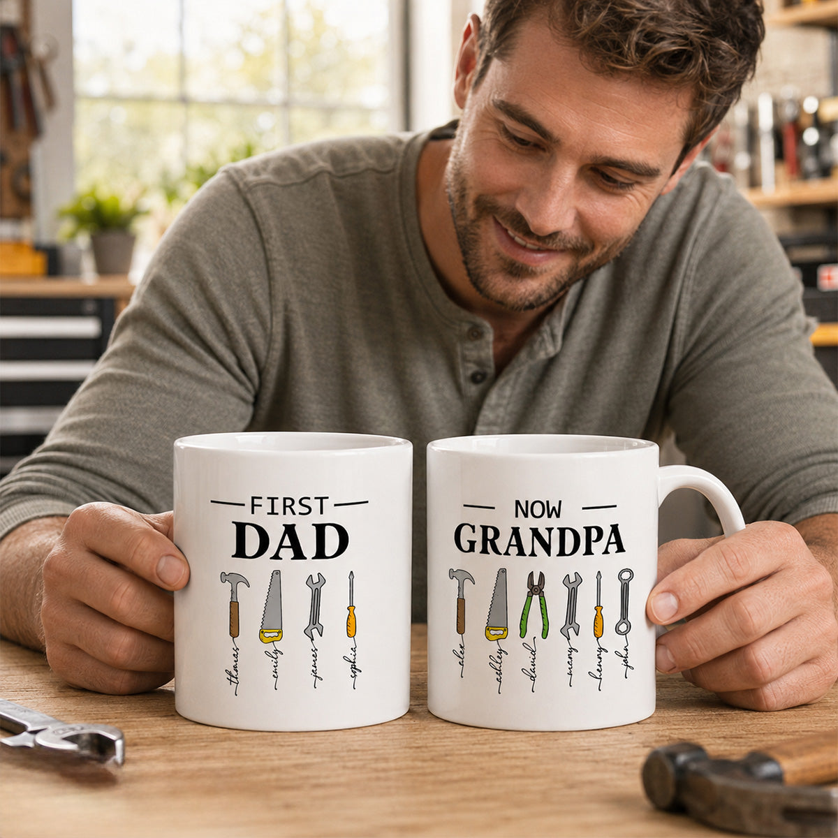 First Dad Now Grandpa Garage Tools Custom Kids Names - Personalized Mug - Father's Day Gift For Mechanic Dad, Grandpa