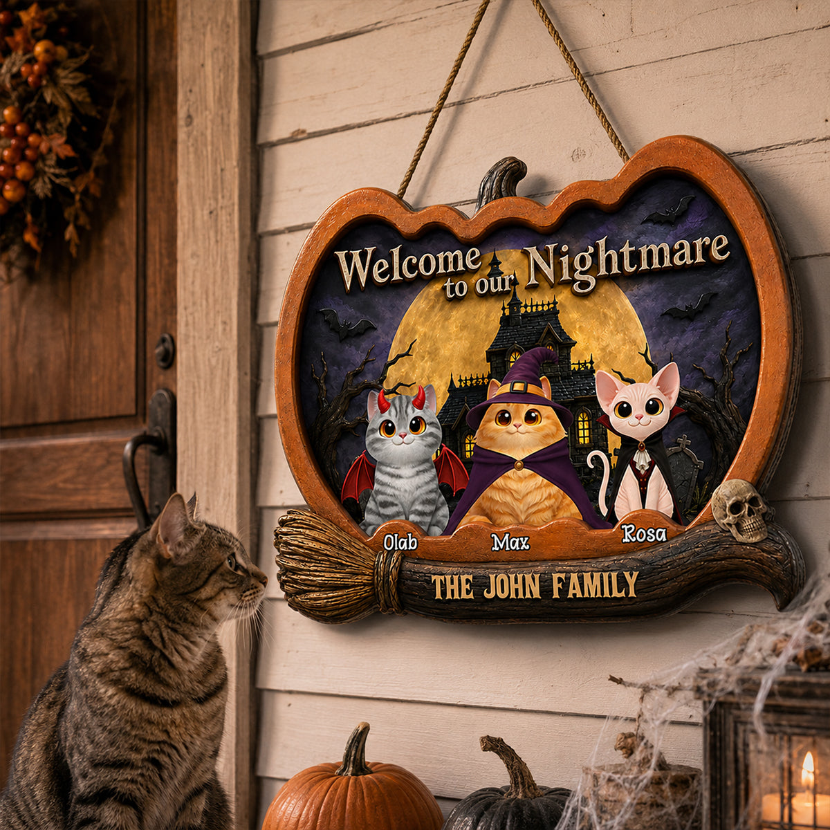 Welcome To Our Nightmare Cat Halloween - Personalized Door Sign - Halloween Decor Gift, Gift For Cat Lovers