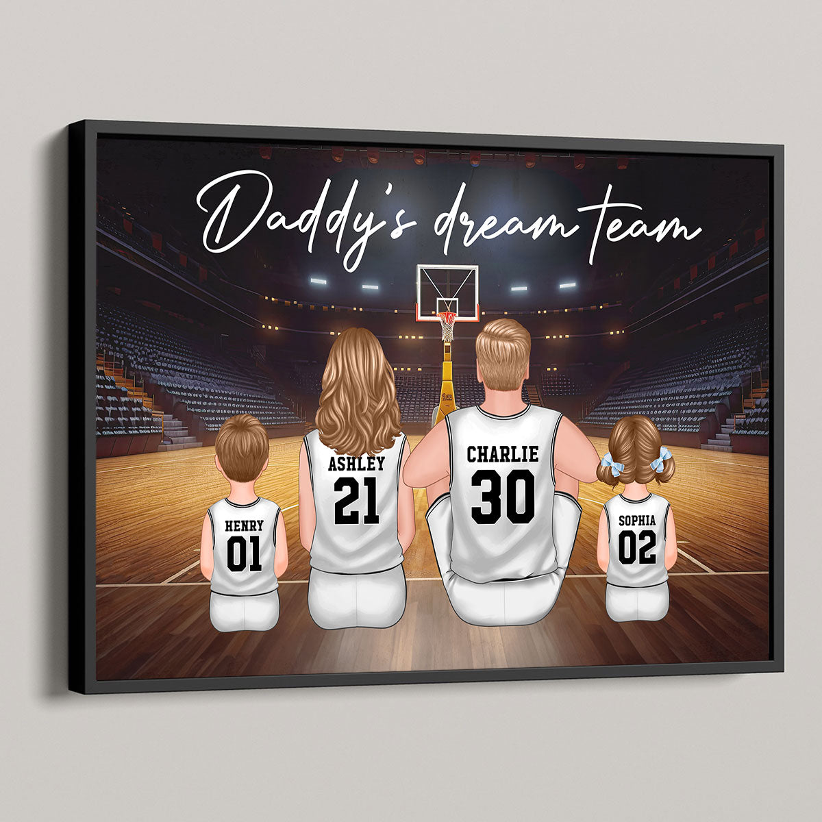 Daddy's Team Basketball Family Sitting Personalized Poster, Gift For Family, Dad, Grandpa, Husband