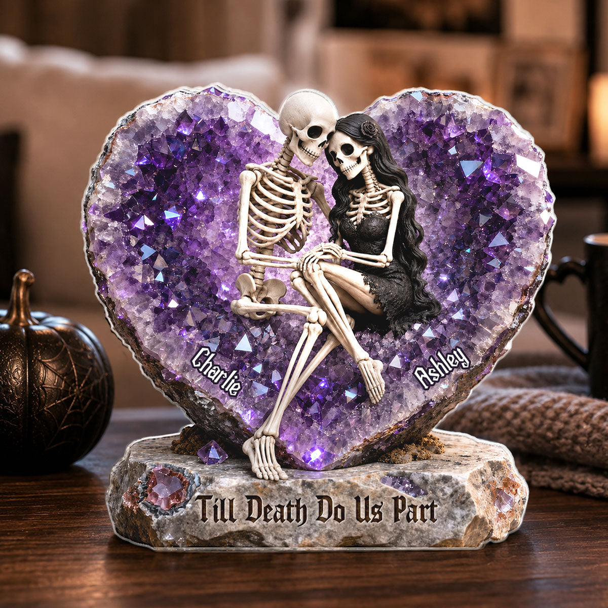 Till Death Do Us Part Skeleton Couple Quartz Heart - Personalized Acrylic Block Plaque - Halloween Decor Gift, Gift For Couple