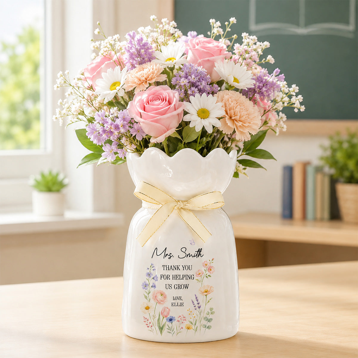 Thank You For Helping Us Grow - Personalized Ceramic Flower Vase - Teacher Appreciation Gift