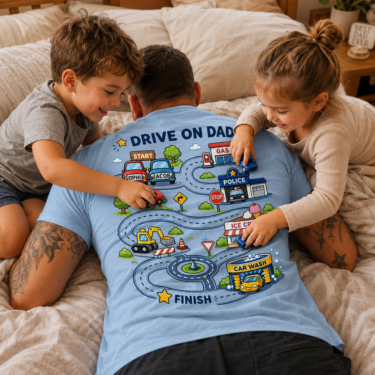Drive On Dad Toddler Drives Toy Cars on City Road Map - Personalized Shirt - Father's Day Gift for Him