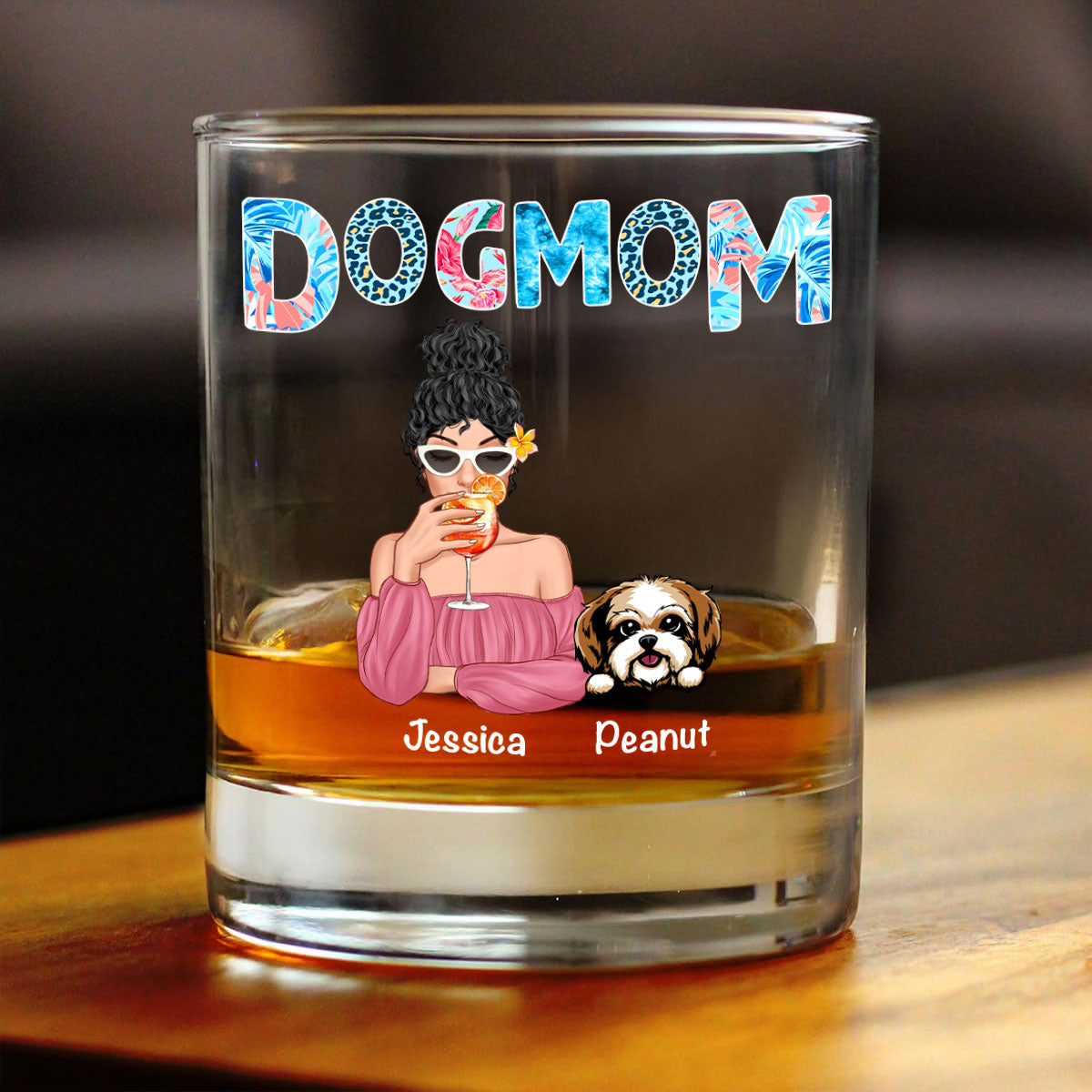 Dog Mom Summer Patterned Personalized Wine Glass, Gift for Dog Moms