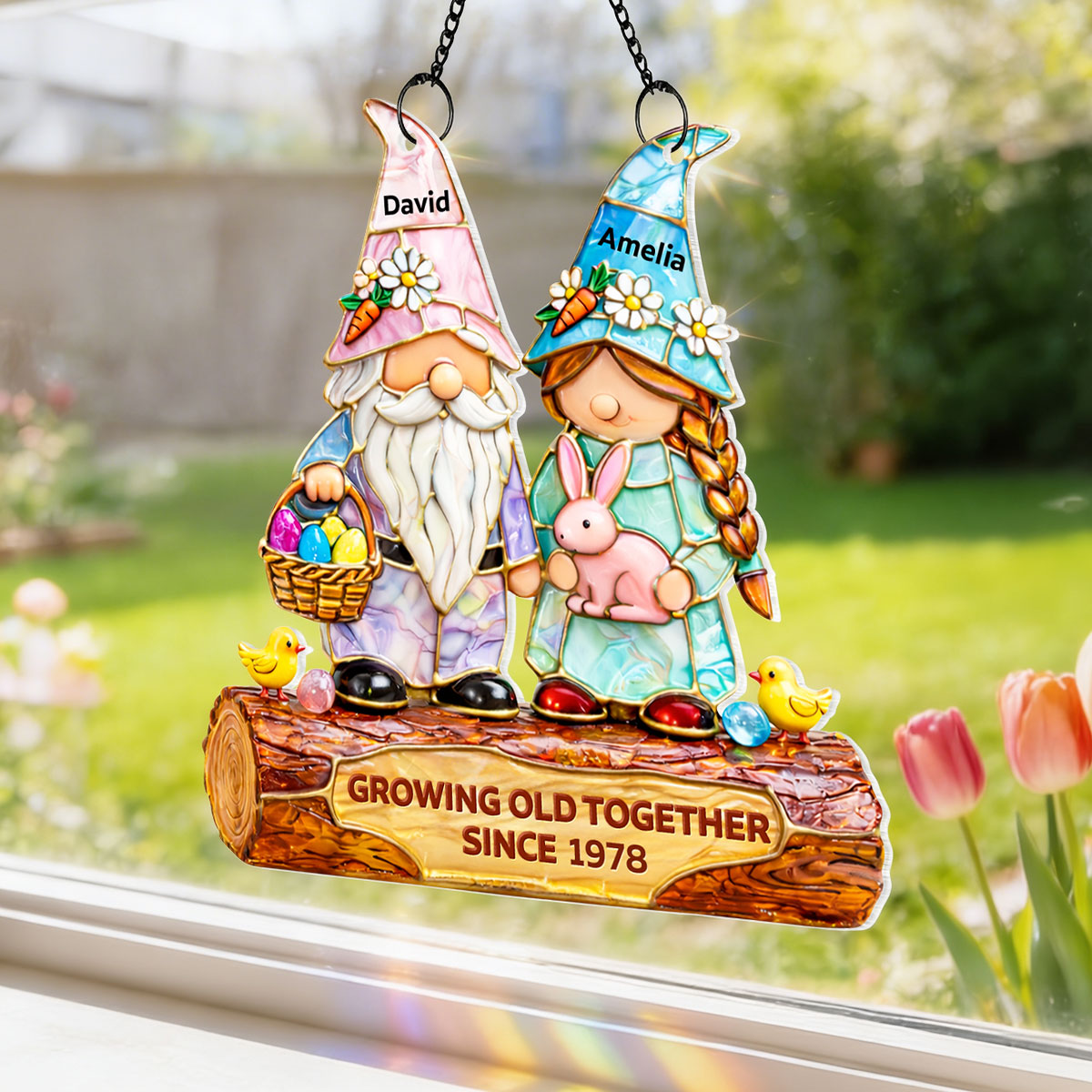 Growing Old Together Since Couple Gnome - Personalized Suncatcher - Gift For Couple, Family