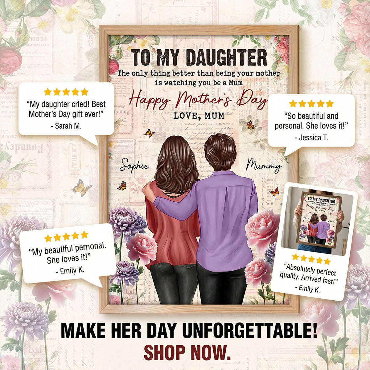 Vintage Floral Newspaper To My Daughter From Mum Birth Month Flower - Personalised Poster