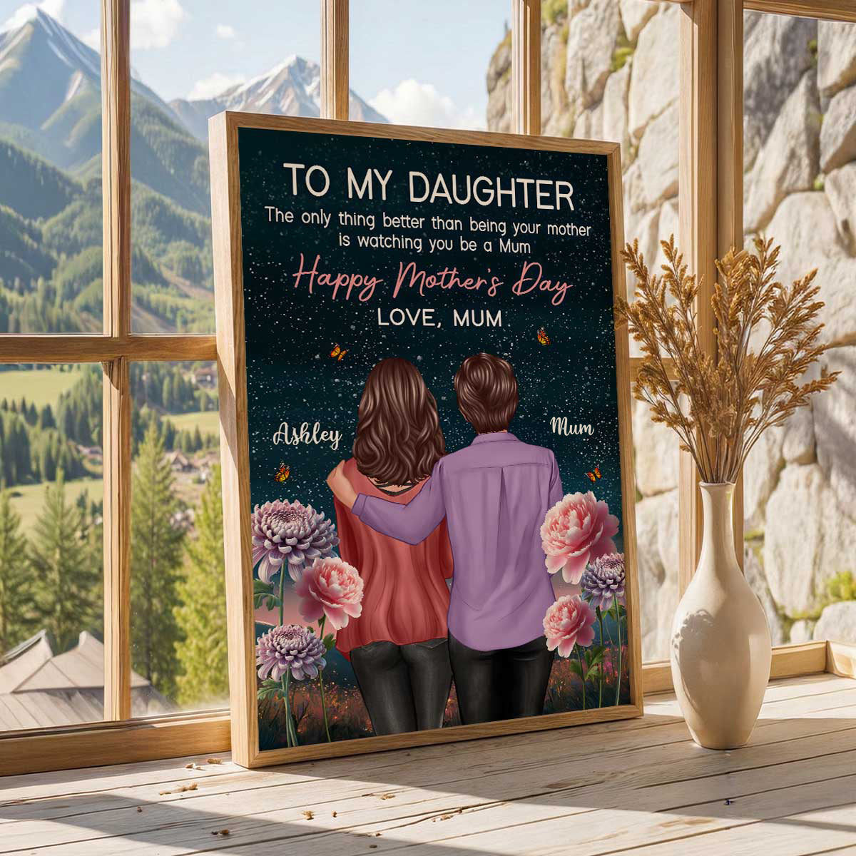 To My Daughter From Mum Happy Mother's Day Birth Flower Beautiful Hill At Night - Personalised Poster