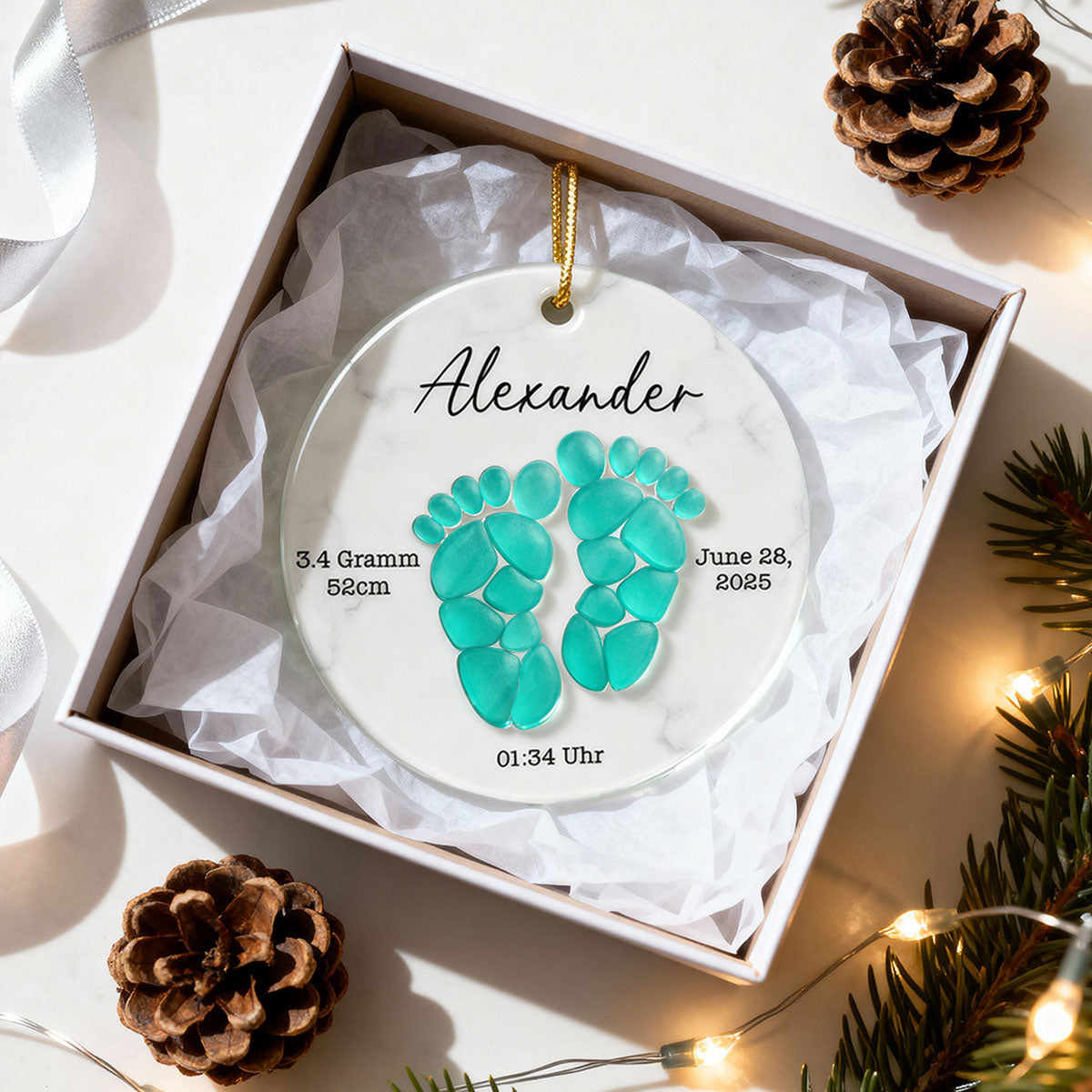 Sea Glass Effect Baby Footprint - Personalized Ceramic Ornament With Acrylic - Christmas Gift for New Parents, Newborn