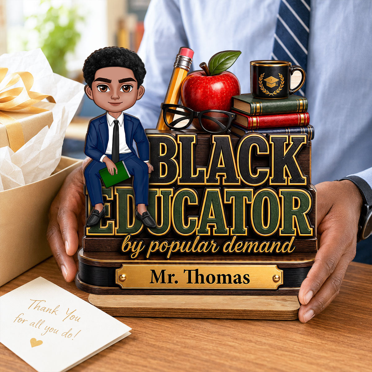 Black Educator by Popular Demand - Personalized 2-Layered Wooden Plaque - Back to School Decor for Male Teacher