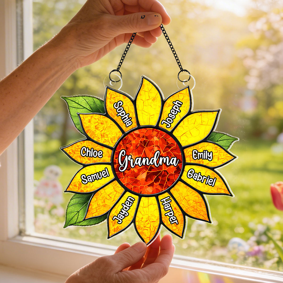 Grandkids Name In Sunflower Daisy - Personalized Suncatcher - Mother's Day Home Decor Gift For Grandma