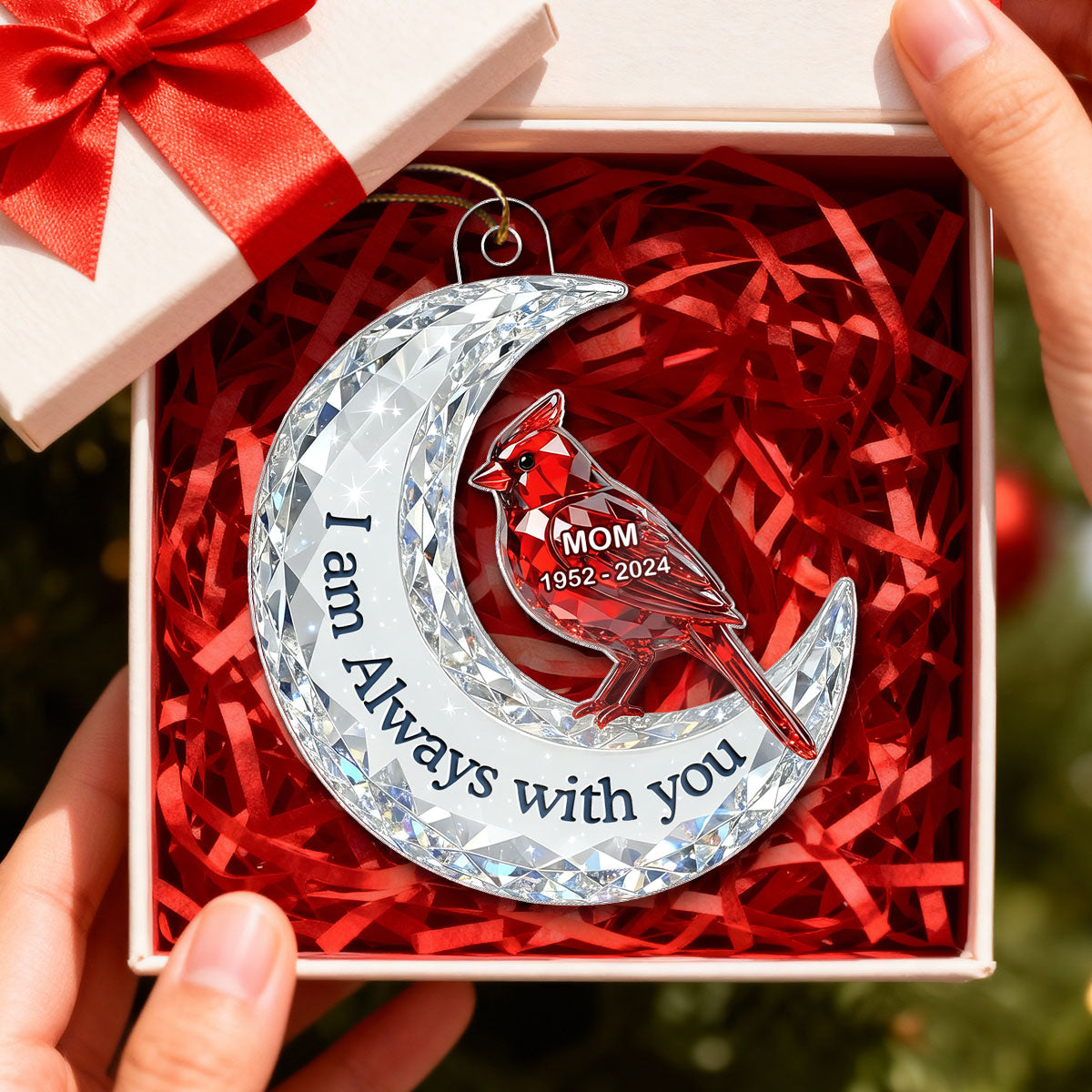 3D Effect Flat Christmas Cardinal On Moon Memorial - Personalized Acrylic Ornament - Remembrance Gift, Sympathy Gift