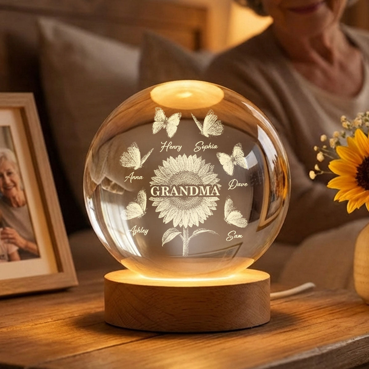 Sunflower Grandma Grandkids - Personalized Crystal Ball LED Night Light - Mother's Day Gift For Grandma