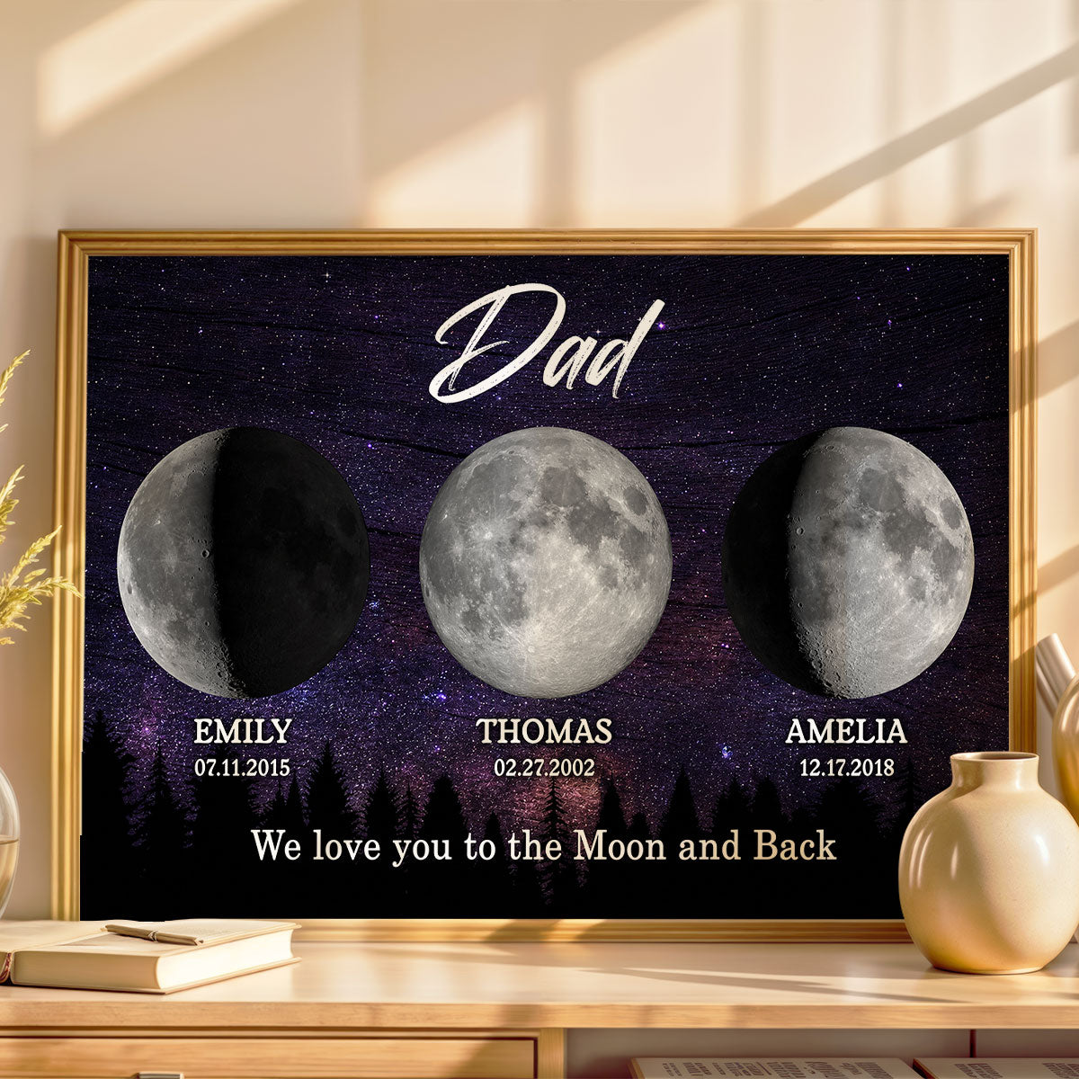 Dad We Love You to the Moon and Back, Custom Moon Phase by Date - Personalized Poster - Father's Day Gift for Dad, Husband