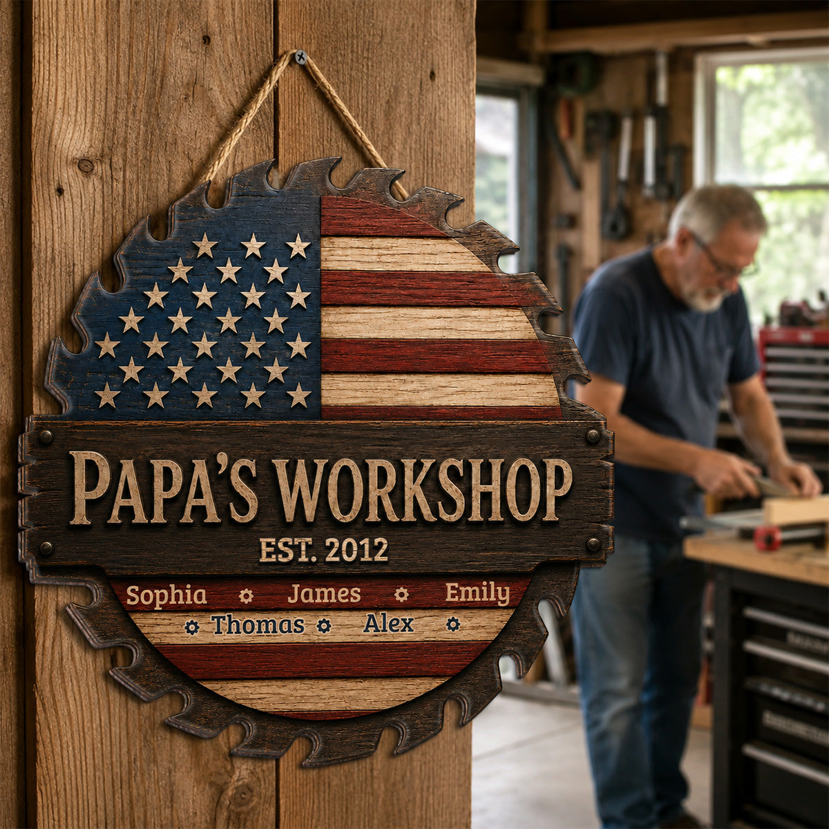 Dad Grandpa Workshop Nation Flag Theme - Personalized Wooden Garage Sign - Father's Day Gift For Patriotic Mechanic Dad, Grandpa