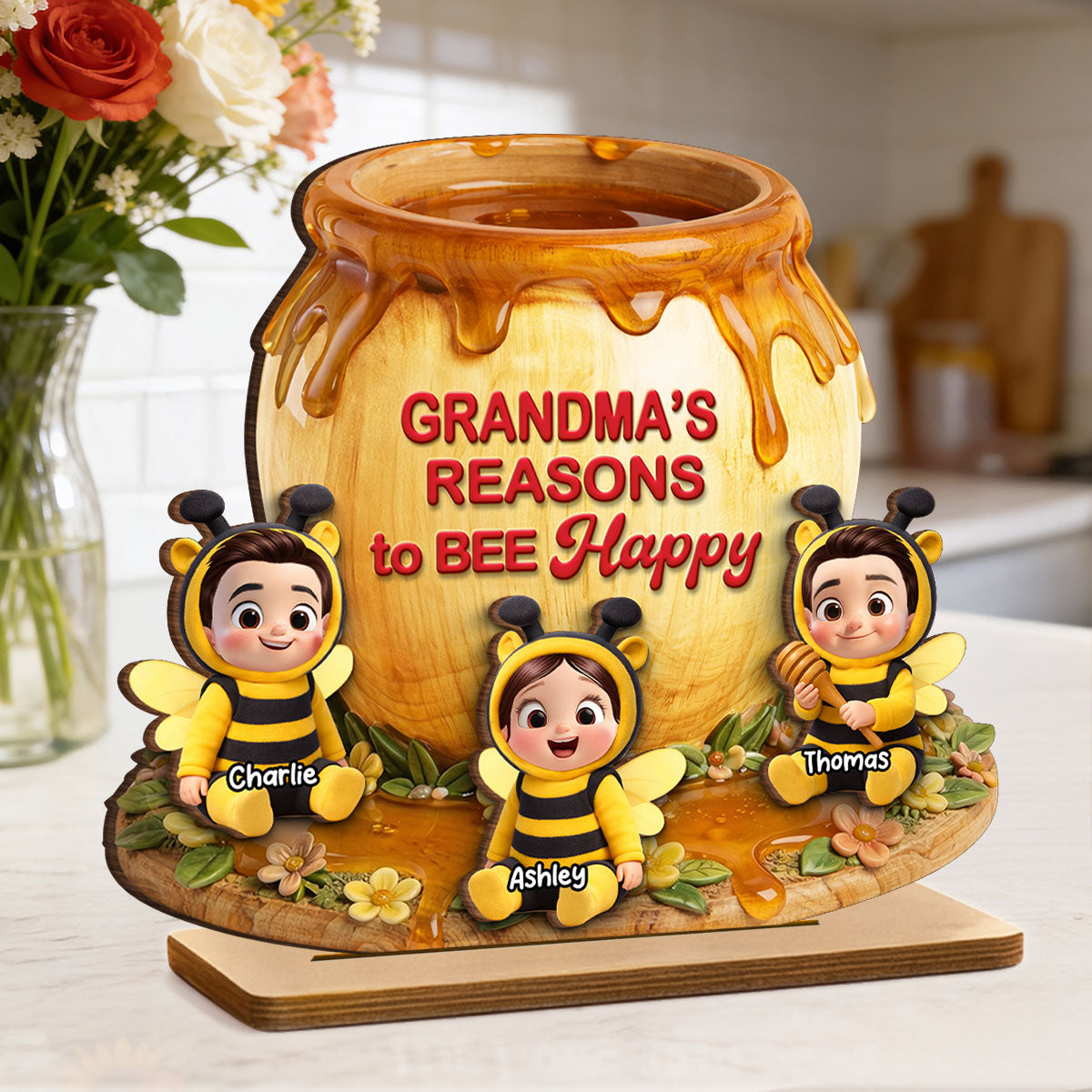 Reasons to Bee Happy - Personalized 2-Layered Wooden Plaque - Heartfelt Mother's Day Gift for Mom, Grandma