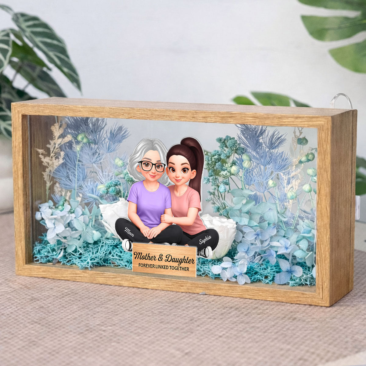 Mom & Daughter Forever Linked Together - Personalized DIY Flower Shadow Box LED Night Light - Gift For Mom, Daughter