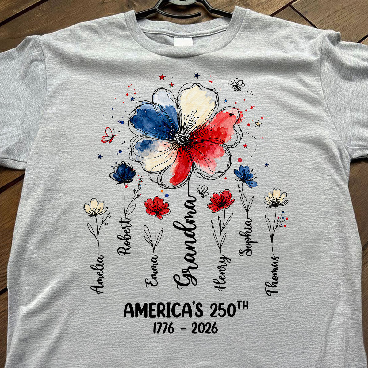 Proud Mom Grandma Flowers American 250th Anniversary - Personalized Shirt - Gift For Mom, Grandma