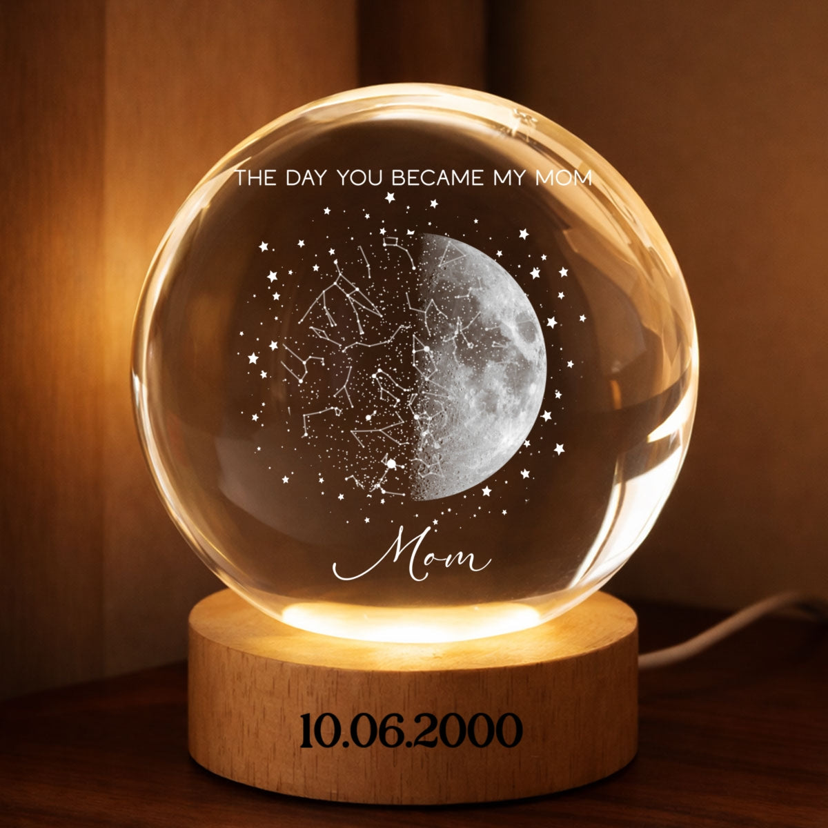 Custom Moon Phase and Star Map by Date - Personalized Crystal Ball LED Night Light - Mother's Day Gift for Mom, Wife