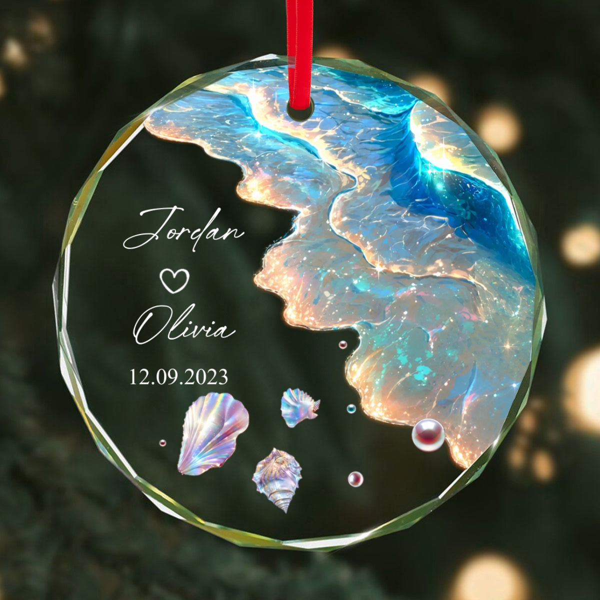 Ocean Wave Custom Engagement Wedding Gift for Couple - Personalized Glass Ornament - Mermaid Tail Keepsake, Mr & Mrs Anniversary Present